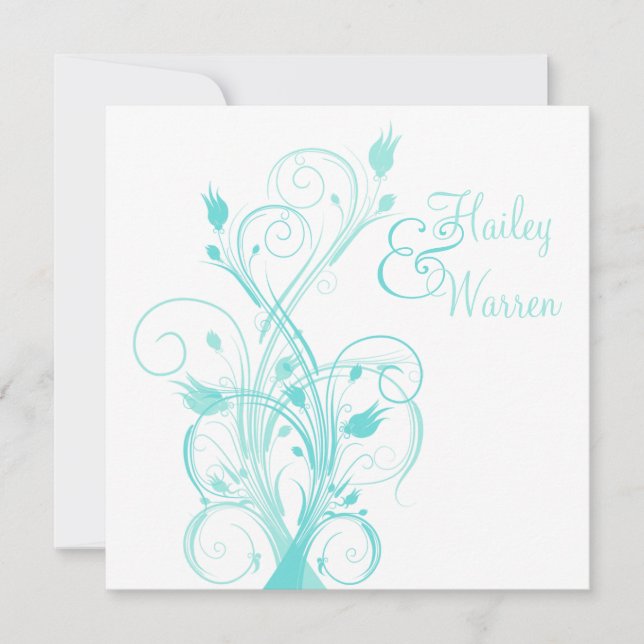 Aqua Blue and White Floral Wedding Invitation (Front)