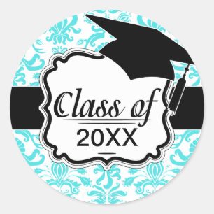 aqua blue and white intricate damask pattern classic round sticker