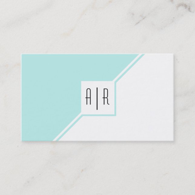 Aqua blue and white modern monogram geometric business card (Front)