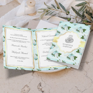 Aqua Blue and White Roses Floral Muslim Wedding Invitation