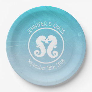 Aqua Blue and White Seahorse  Paper Plates