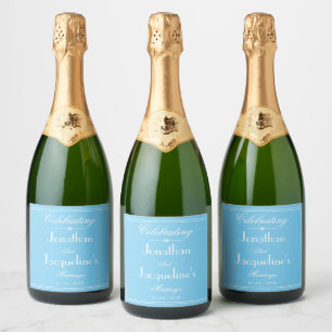 Aqua Blue And White Simple Chic Script Wedding Sparkling Wine Label