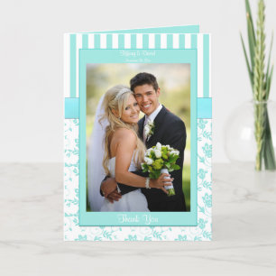 Aqua Blue and White Striped Photo Thank You Card