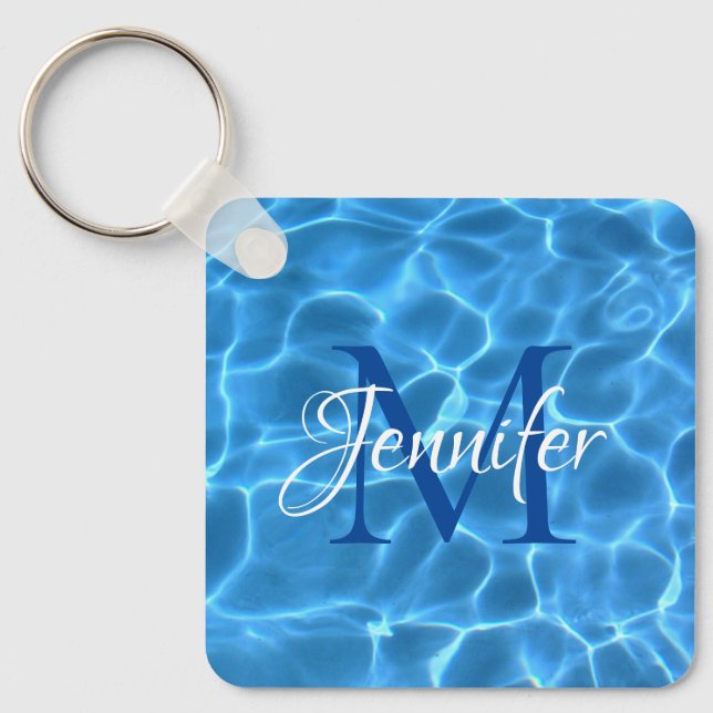 Aqua Blue and White Swimming Pool Photo Monogram Key Ring (Front)