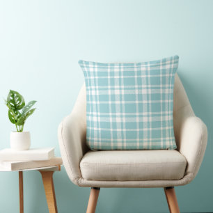 Aqua Blue and White Tartan Plaid Pattern Cushion