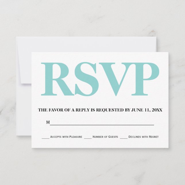 Aqua blue and white typography wedding RSVP (Front)