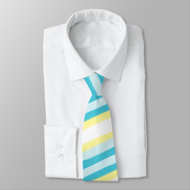 Aqua Blue and Yellow Diagonal Striped Men's Tie (Tied)