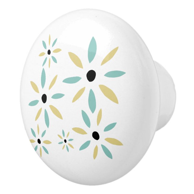 Aqua Blue And Yellow Mid Century Flowers Ceramic Knob (Right)