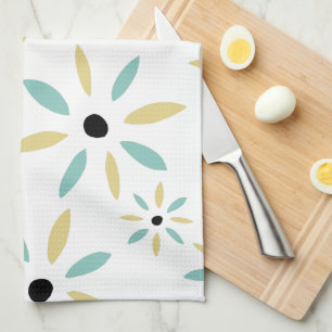 Aqua Blue And Yellow Mid Century Modern Flowers Tea Towel