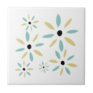 Aqua Blue And Yellow Mid Mod Retro Flowers Ceramic Tile