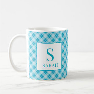 Aqua Blue Argyle Plaid Custom Name Mug