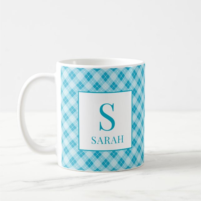 Aqua Blue Argyle Plaid Custom Name Mug (Left)