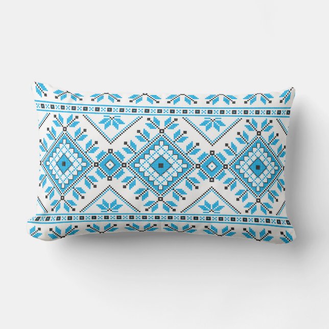 Aqua Blue Aztec Tribal Ethnic Geometric Pattern Lumbar Cushion (Front)