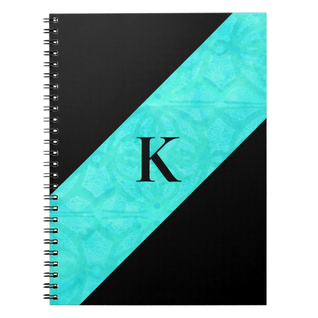 Aqua Blue Batik Black Monogrammed Notebook (Front)