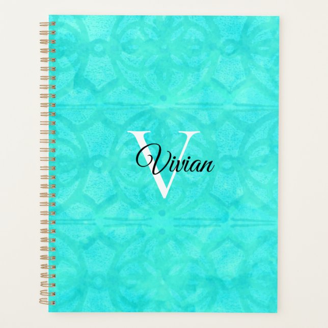 Aqua Blue Batik Elegant Monogram Name Planner (Front)
