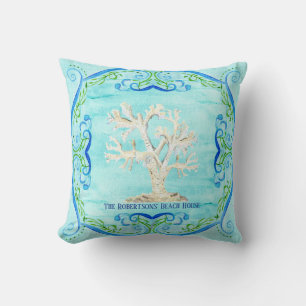 Aqua Blue Beach House Home Decor Coral Scrollwork Cushion