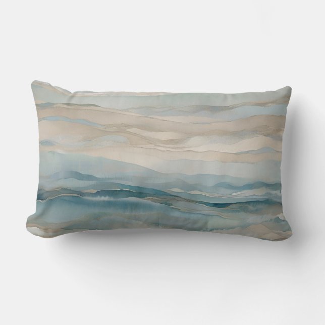 Aqua Blue Beige Teal Cream Abstract Wave Pattern Lumbar Cushion (Front)
