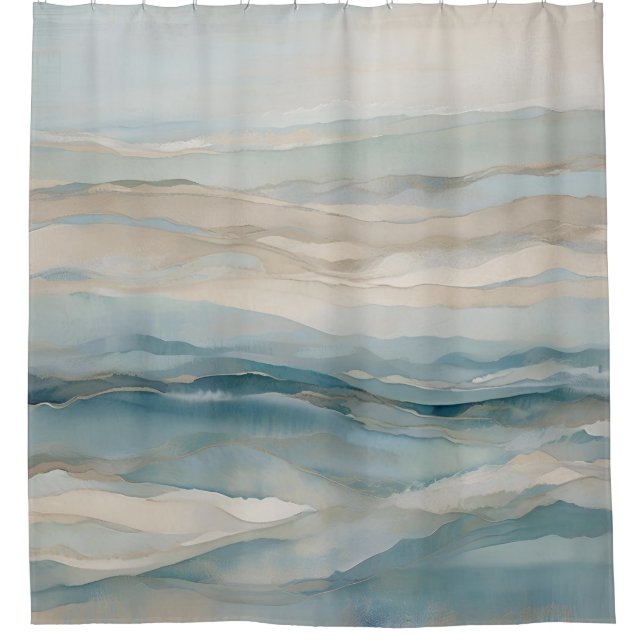 Aqua Blue Beige Teal Cream Abstract Wave Pattern Shower Curtain (Front)
