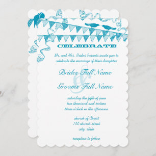 Aqua Blue Bird Bunting Pennant Wedding Invitations
