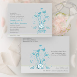 Aqua Blue Birds Hearts Wedding Invitation Postcard