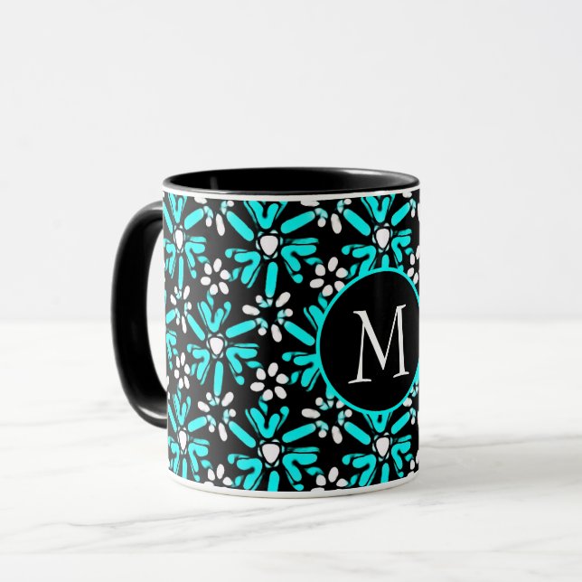 Aqua Blue & Black Batik Flower Pattern Monogram Mug (Front Left)