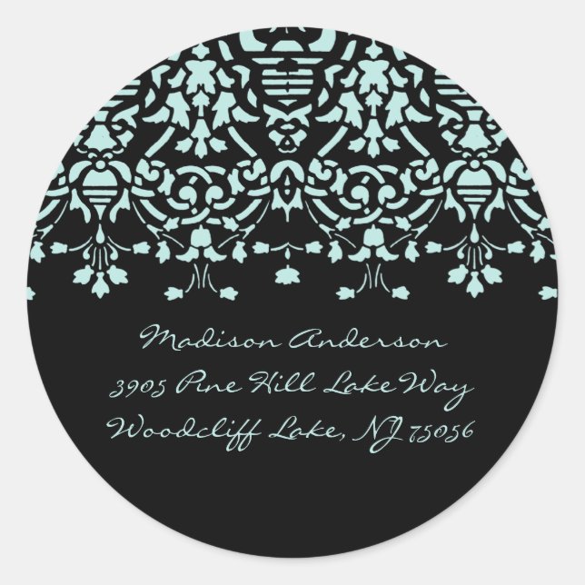Aqua Blue & Black Damask Address Label Sticker (Front)