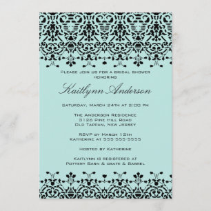 Aqua Blue & Black Damask Bridal Shower Invitation