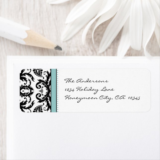 Aqua Blue & Black Damask Dots Address Labels (Insitu)