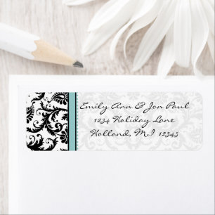 Aqua Blue & Black Damask Dots Address Labels