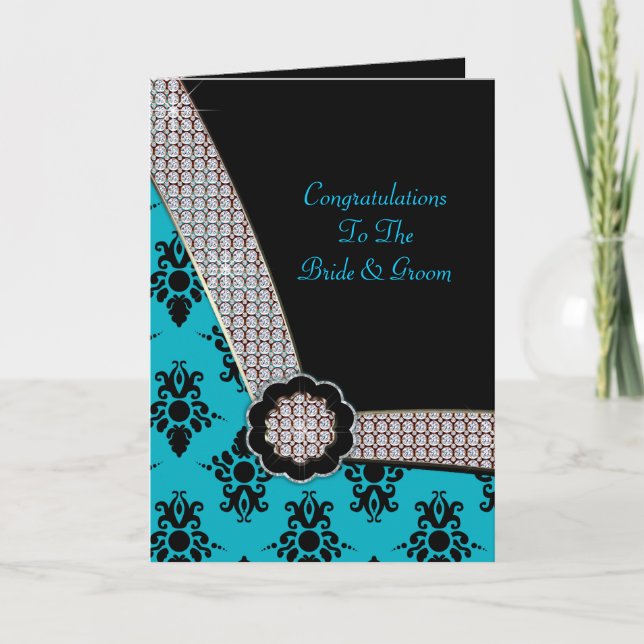 Aqua Blue & Black Damask Gem Sparkle Card (Front)