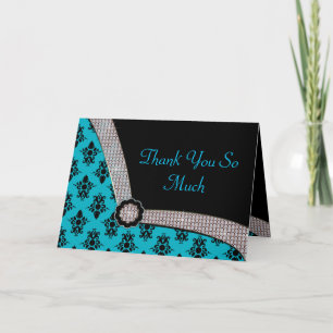 Aqua Blue & Black Damask Gem Sparkle Thank You Card