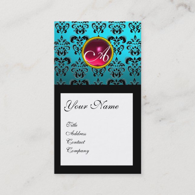 AQUA BLUE BLACK DAMASK SQUARE RUBY GEM MONOGRAM BUSINESS CARD (Front)