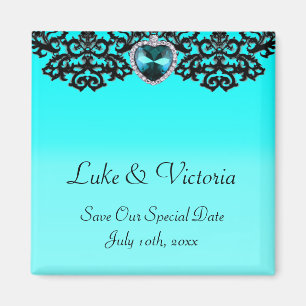 Aqua Blue & Black Ornate Heart Pendant Wedding Magnet
