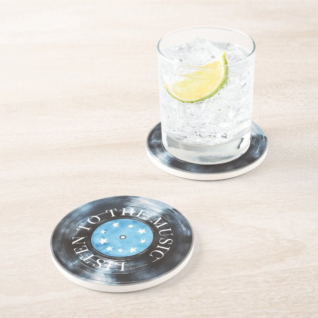 Aqua Blue Black Record Music Coaster (Side)