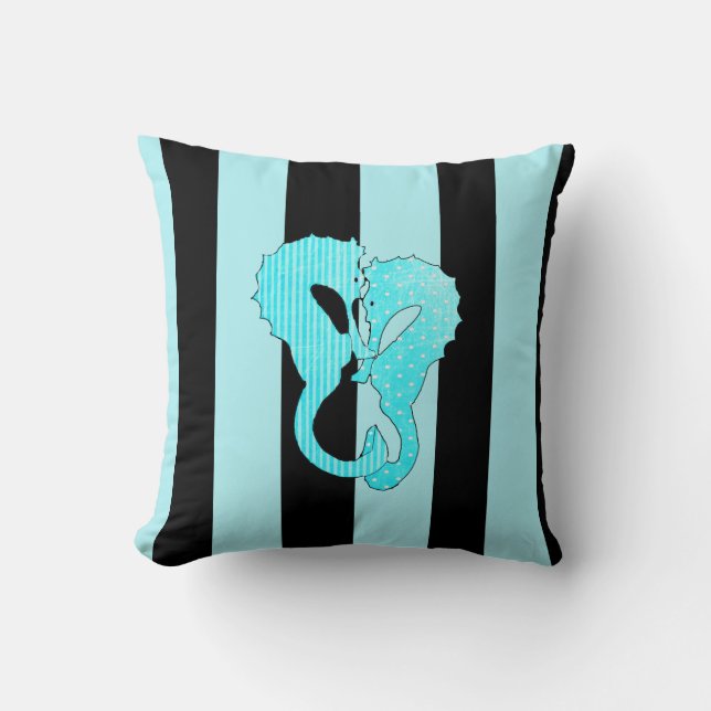 Aqua Blue Black Seashell and Seahorses Pillow (Front)