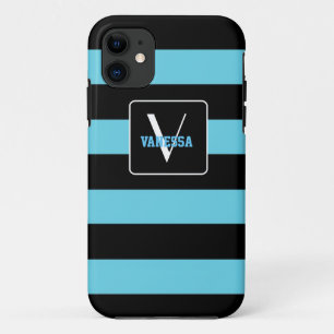 Aqua Blue & Black Stripes - Personalise Your Own iPhone 11 Case