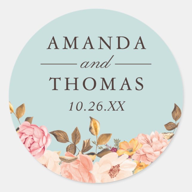 Aqua Blue Blush Floral Wedding Envelope Seal (Front)