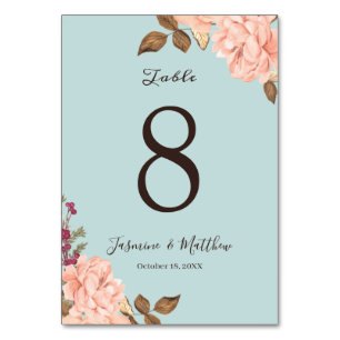 Aqua Blue Blush Floral Wedding Table Number