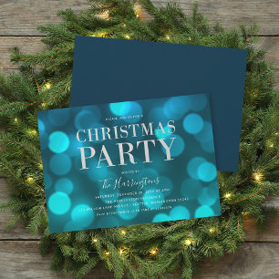 Aqua Blue Bokeh Lights Faux Silver Christmas Party Invitation