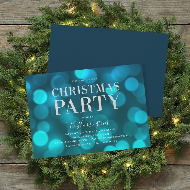 Aqua Blue Bokeh Lights Faux Silver Christmas Party Invitation (Creator Uploaded)