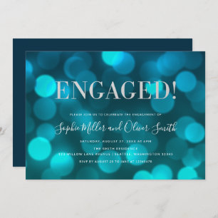 Aqua Blue Bokeh Lights Silver Engagement Party Invitation