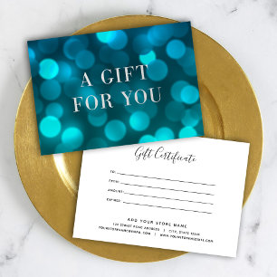 Aqua Blue Bokeh Lights Silver Gift Certificate