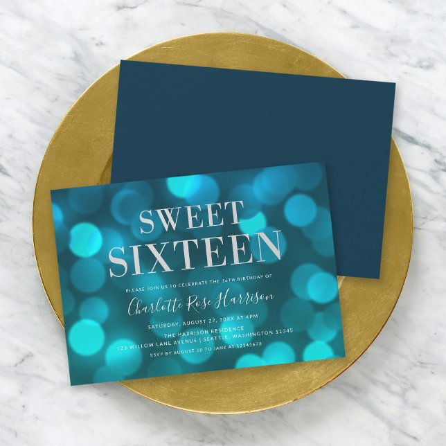 Aqua Blue Bokeh Lights Sweet Sixteen Birthday Invitation (Creator Uploaded)