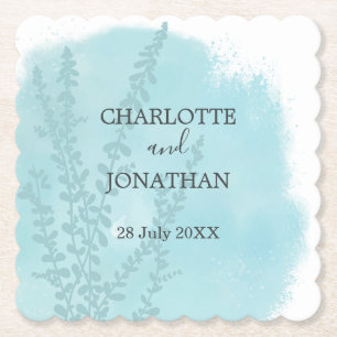 Aqua Blue Botanical Watercolor Wash Wedding Paper Coaster