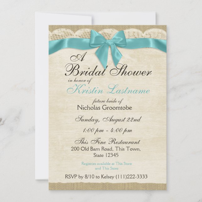 Aqua Blue Bow and Lace Bridal Shower Invitation (Front)
