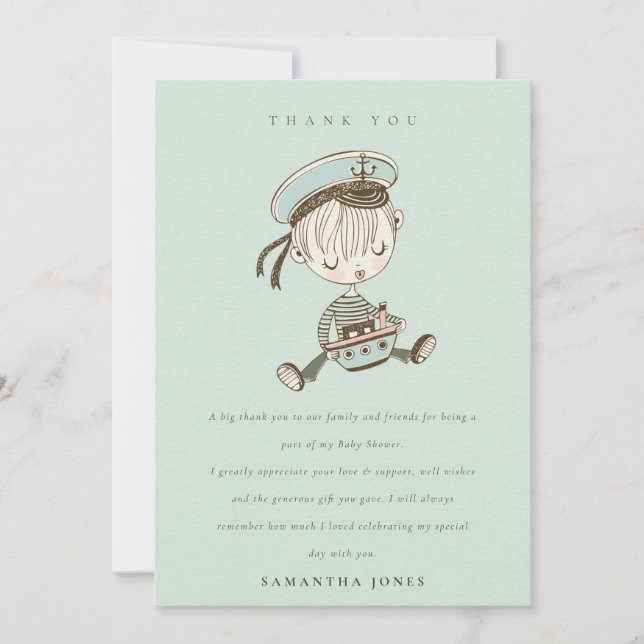 Aqua Blue Boys Little Sailor Nautical Baby Shower Thank You Card (Front)