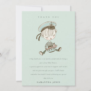 Aqua Blue Boys Little Sailor Nautical Baby Shower Thank You Card