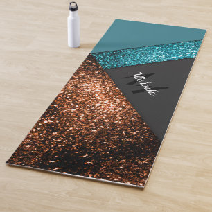 Aqua blue bronze sparkles colour block Monogram Yoga Mat