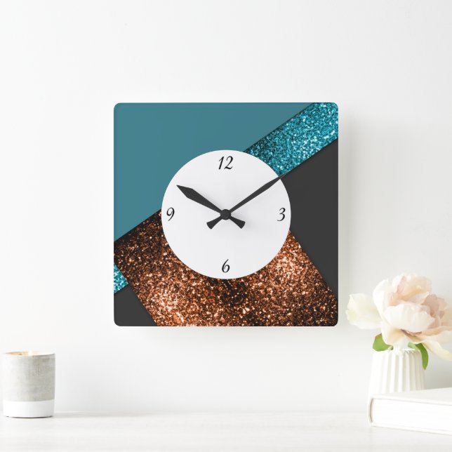 Aqua blue bronze sparkles design with numbers square wall clock (Home)