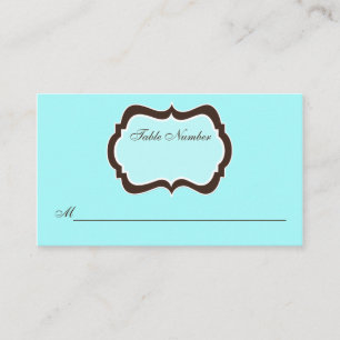 Aqua Blue, Brown, and White Damask Place Card